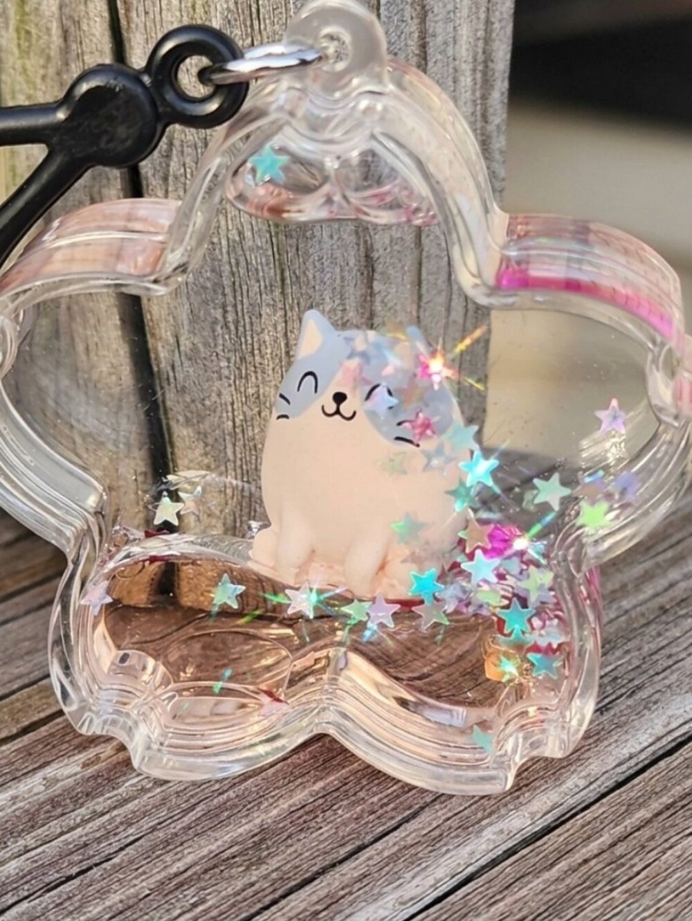 Clear Star-Shaped Floating Happy Kitty Cat Charm Keychain with Pink Accents - Picture 1 of 2